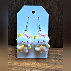 NWT Kawaii Cat With Baguette Earrings Pierced White Cat Cat Lady Dangle Drop